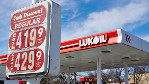Fuel prices at a LukOil gas station in Bloomfield, New Jersey, U.S., on Sunday, March 13, 2022. The cost for a gallon of gas in the U.S. continues to reach all-time highs, as the national average jumped nearly 7 cents last week. Photographer: Gabby Jones/Bloomberg