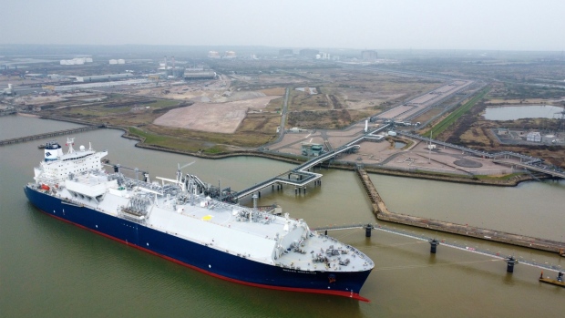 The Gaslog Gibraltar Liquid Natural Gas (LNG) tanker docked at Grain LNG importation terminal, operated by National Grid Plc, on the Isle of Grain near Rochester, U.K., on Wednesday, March 30, 2022. Net imports of LNG into northwest Europe in March are near record-high levels seen in January, easing some pressure on prices after wild swings earlier this month.