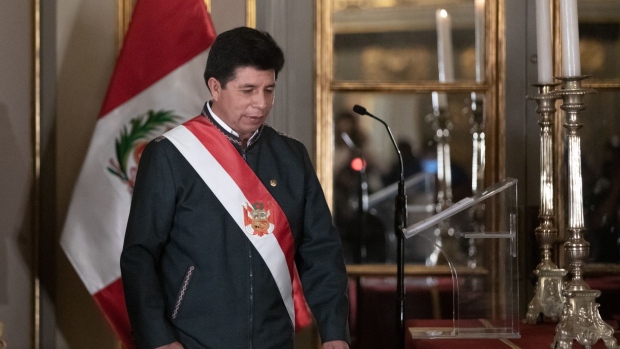 Pedro Castillo, Peru's president, attends a swearing-in ceremony at the Government Palace in Lima, Peru, on Tuesday, Feb. 8, 2022. Castillo has repeatedly made changes to his cabinet since taking office, including naming his fourth prime minister in just over six months as he tries to restore stability after weeks of political turmoil.
