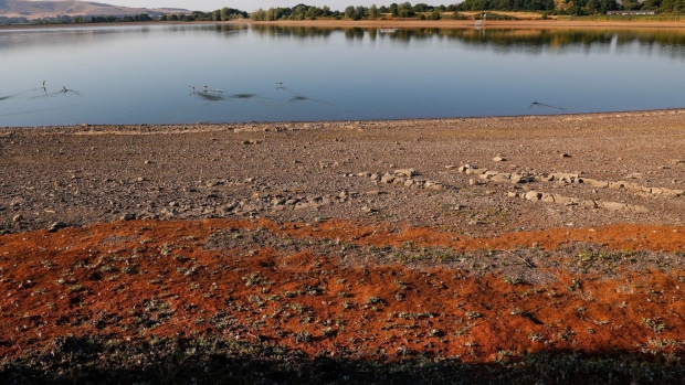 The exposed bed of the Arlington Reservoir, operated by South East Water Ltd., near Polegate, UK, on Friday, Aug. 12, 2022. Extreme heat and dry weather are putting intense pressure on England's water supply. Photographer: Carlos Jasso/Bloomberg