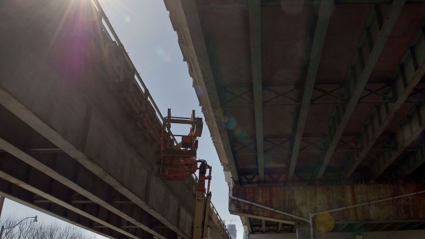 Repair work continues on the Gardiner Expressway, running east-west through the city just north of Lake Ontario, in Toronto in 2014.