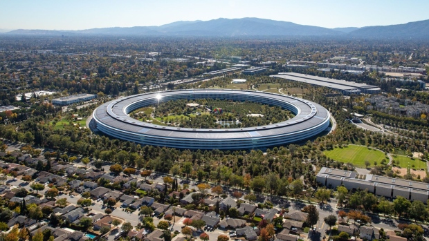 The Apple Park campus stands in this aerial photograph taken above Cupertino, California, U.S., on Wednesday, Oct. 23, 2019. Apple Inc. will report its fourth-quarter results next week, and based on the average analyst price target for the stock, Wall Street is feeling increasingly optimistic about the iPhone maker's prospects.