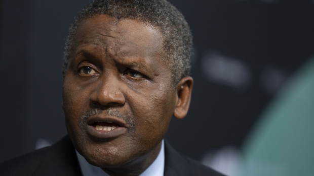 Aliko Dangote, president and chief executive officer of Dangote Group, speaks during a Bloomberg Television interview on the sidelines of the Bloomberg New Economy Forum in Singapore, on Tuesday, Nov. 6, 2018. The New Economy Forum, organized by Bloomberg Media Group, a division of Bloomberg LP, aims to bring together leaders from public and private sectors to find solutions to the world's greatest challenges.
