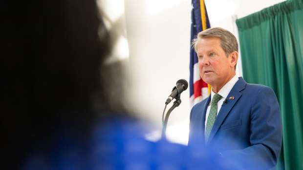 Brian Kemp, governor of Georgia, speaks during a Back-To-School kick off event at Ola High School in McDonough, Georgia, US, on Friday, July 29, 2020. Georgia's Democratic US senator, Raphael Warnock, and Republican Governor Brian Kemp lead their respective challengers in a poll released Wednesday by the Atlanta Journal-Constitution newspaper.
