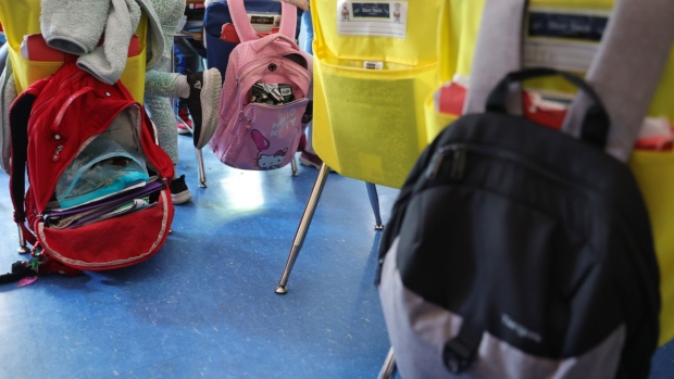 Student backpacks hang on the backs of classroom chairs on the second to last day of school as New York City public schools prepare to wrap up the year at Yung Wing School P.S. 124 on June 24, 2022 in New York City. 
