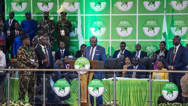 Wafula Chebukati, chairman of the Independent Electoral & Boundaries Commission (IEBC), announces the election winner at the Independent Electoral and Boundaries Commission (IEBC) Center in Bomas in Nairobi, Kenya, on Monday, Aug. 15, 2022. William Ruto, 55, garnered 50.5% or 7.1 million of the valid votes and his main rival Odinga 48.9%, the Independent Electoral & Boundaries Commission said.