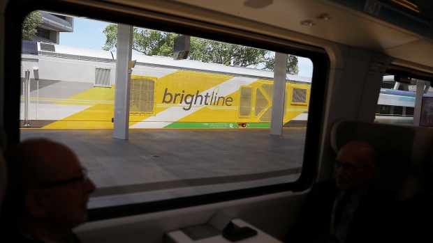 A Brightline passenger train stops at the Fort Lauderdale station during its inaugural trip from Miami to West Palm Beach on May 11, 2018 in Fort Lauderdale, Florida.