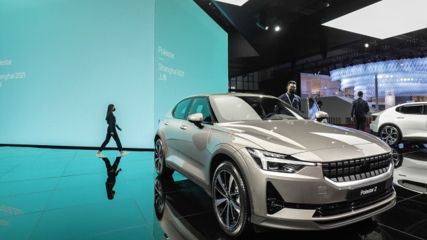 The Polestar 2 electric vehicle, manufactured by Polestar AB, jointly owned by Geely Automobile Holdings Ltd. and Volco Car AB, at the Auto Shanghai 2021 show in Shanghai, China, on Tuesday, April 20, 2021. The Shanghai International Automobile Industry Exhibition kicked off on Monday in Chinas financial hub, a multiday event aimed at showcasing the best and brightest car innovations in the worlds biggest vehicle market. Photographer: Qilai Shen/Bloomberg