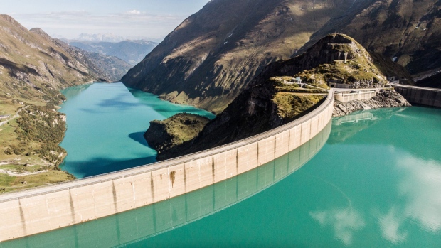 The Wasserfallboden lake and the Mooserboden lake stand in this aerial photograph taken at the Verbund AG Moosersperre Dam in Kaprun, Austria, on Thursday, Sept. 13, 2018. Pumped-hydro plants like Kaprun, with 830 megawatts of capacity, can store enough power to cover almost 100,000 households for more than a week.