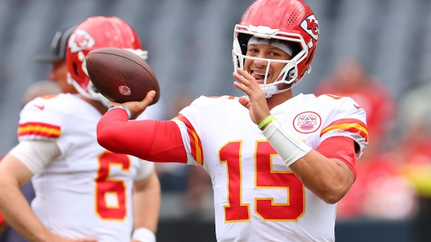 Patrick Mahomes of the Kansas City Chiefs warms up prior to a preseason game against the Chicago Bears in Chicago, on Aug. 13, 2022. Photographer: Michael Reaves/Getty Images