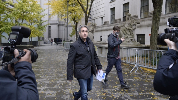 Michael Cohen, former personal lawyer to U.S. President Donald Trump, leaves from federal court in New York, U.S., on Monday, Nov. 22, 2021. On Monday morning, Cohen walked out of federal court in lower Manhattan a free man, having completed his three-year prison sentence for tax fraud, bank fraud, violations of campaign finance laws and lying to Congress.
