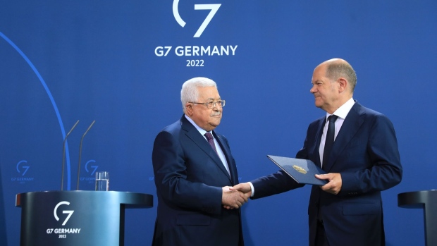 Olaf Scholz, Germany's chancellor, during a news conference with Palestinian Authority President Mahmoud Abbas in Berlin, Germany, on Tuesday, Aug. 16, 2022. Scholz and Abbas were speaking following their bi-lateral meeting in the German capital.