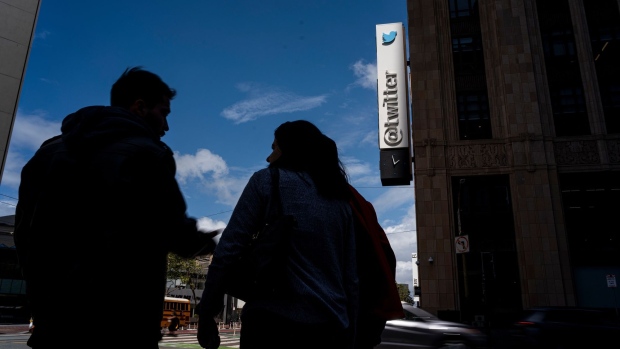 Twitter headquarters in San Francisco, California, U.S., on Thursday, April 21, 2022. Elon Musk said Morgan Stanley and other financial institutions are providing about $25.5 billion in debt financing for his bid to buy Twitter Inc. as he looks to pile pressure on the company to engage with his offer.