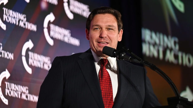 Ron DeSantis, governor of Florida, speaks during the Turning Point 'Unite & Win' Rally with Republican Senate Candidate JD Vance in Girard, Ohio, US, on Friday, Aug. 19, 2022. DeSantis is headlining a series of Turning Point Action rallies in states with key races for 2022.
