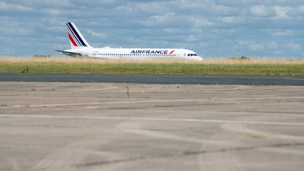 An Air France-KLM airplane on the tarmac at Chateauroux-Centre "Marcel Dassault" Airport in Chateauroux, France, on Friday, July 1, 2022. Many airlines struggled to see a future for their enormous Airbus SE A380s when the pandemic grounded fleets in early 2020 but France’s Chateauroux airport, about 250 kilometers south of Paris, is opening their giant hanger equipped to handle the double-deckers and up to five or six narrow bodies.