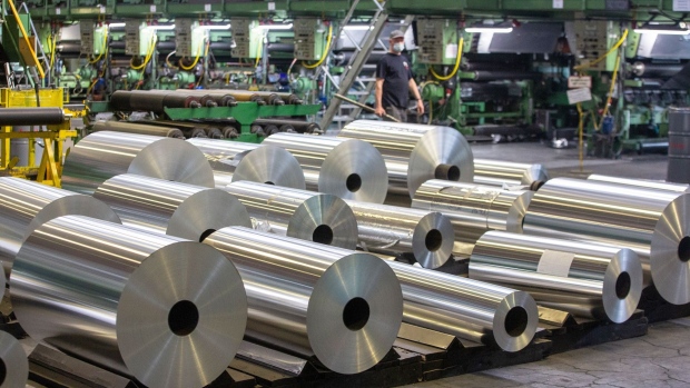 Rolls of aluminum foil at the Sayanal foil mill, operated by United Co. Rusal, in Sayanogorsk, Russia, on Wednesday, May 26, 2021. United Co. Rusal International PJSC’s parent said the company has produced aluminum with the lowest carbon footprint as the race for cleaner sources of the metal intensifies.