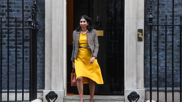 Suella Braverman, U.K. attorney general, departs following a weekly meeting of cabinet minsters at number 10 Downing Street in London, U.K., on Tuesday, Nov. 16, 2021. U.K. Prime Minister Boris Johnson’s latest effort to draw a line under an escalating lobbying and sleaze row engulfing his government was thwarted at the last minute in the U.K. Parliament.