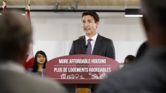 Justin Trudeau, Canada's prime minister, speaks during a news conference in Kitchener, Ontario, Canada, on Tuesday, Aug. 30, 2022. Canada must build an extra 3.5 million homes to get its housing market - one of the least affordable in the world - back in line with local incomes, according to the country's national housing agency.