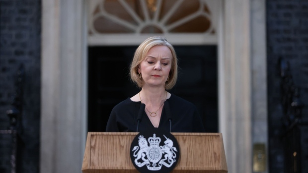 Liz Truss, UK prime minister, makes a statement following the death of Queen Elizabeth II outside 10 Downing Street in London, UK, on Thursday, Sept. 8, 2022. Queen Elizabeth II, whose reign took Britain from the age of steam to the era of the smartphone, and who oversaw the largely peaceful breakup of an empire that once spanned the globe, has died.