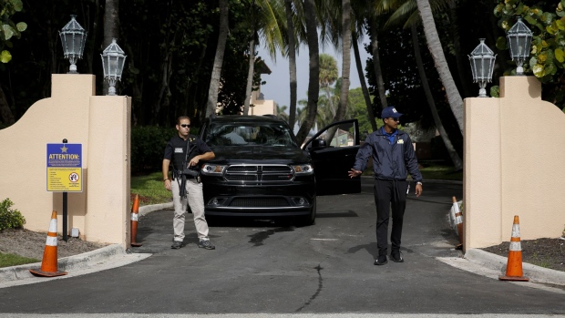 US Secret Service and Mar-A-Lago security members at the entrance of former US President Donald Trump's house at Mar-A-Lago in Palm Beach, Florida, on Aug. 9. Photographer: Eva Marie Uzcategui/Bloomberg