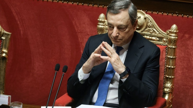 Mario Draghi, Italy's prime minister, listens during a debate at the Senate in Rome, Italy, on Tuesday, June 21, 2022. Italy’s biggest party is set to splinter over the country’s support for Ukraine, just as Draghi defended in parliament his government’s stance on the conflict.