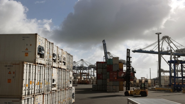 Shipping containers at a port in Auckland, New Zealand, on Tuesday, Sept. 13, 2022. New Zealand is scheduled gross domestic product (GDP) figures on Sept. 15. Photographer: Fiona Goodall/Bloomberg