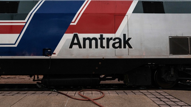 Signage on an Amtrak train car stopped at the Amtrak Memphis Central Station in Memphis, Tennessee, U.S., on Friday, Feb. 25, 2022.  Photographer: Jon Cherry/Bloomberg