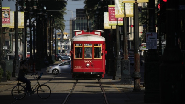 A trolley in downtown New Orleans. Photographer: Luke Sharrett/Bloomberg