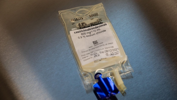 An intravenous bag used to administer the Regen-Cov monoclonal antibody treatment. Photographer: Kayana Szymczak/Bloomberg