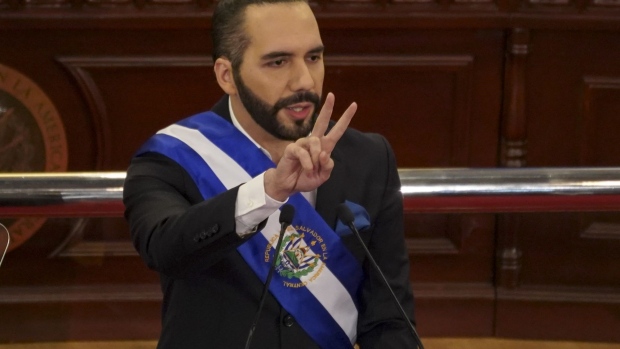 Nayib Bukele, El Salvador's president, delivers a state of the union address at the National Palace in San Salvador, El Salvador, on Wednesday, June 1, 2022. Bukele delivered his state of the union address marking his third year in office, as the crypto-touting Central American nation is getting thrashed in the bond market as an $800 million obligation falls to record lows.