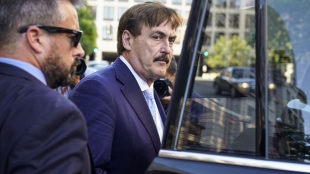 Mike Lindell, chief executive officer of My Pillow Inc., departs from federal court in Washington, D.C., U.S., on Thursday, June 24, 2021. Lindell and two other high-profile boosters of a debunked but active election conspiracy theory are seeking dismissal of a trio of $1.3 billion defamation suits filed by Dominion Voting Systems Inc.