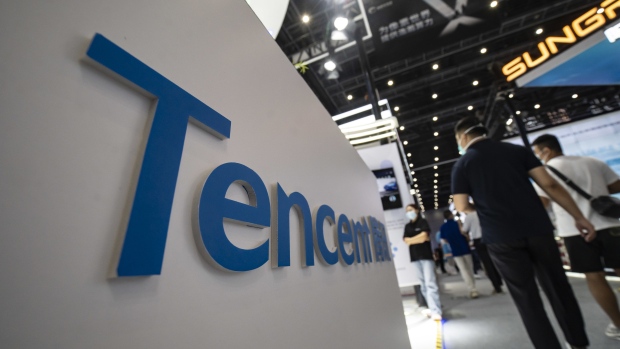 A Tencent Holdings Ltd. booth at the World Artificial Intelligence Conference (WAIC) in Shanghai, China, on Friday, Sept. 2, 2022. The conference runs through to Sept. 3. Photographer: Qilai Shen/Bloomberg