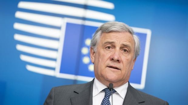 Antonio Tajani, president of the European Parliament, speaks during a news conference during a European Union leaders summit in the Europa building in Brussels, Belgium, on Wednesday, April 10, 2019. At a crisis summit today, EU leaders will probably deny U.K. Prime Minister Theresa May the short Brexit extension she was seeking and instead force a delay of as long as a year.