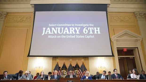 A hearing of the Select Committee to Investigate the January 6th Attack on the US Capitol in Washington, D.C., US, on Tuesday, June 21, 2022. The committee investigating the Jan. 6, 2021 insurrection at the US Capitol is set to outline aggressive efforts by former President Donald Trump and his allies to pressure state officials to help overturn Joe Biden's 2022 election.