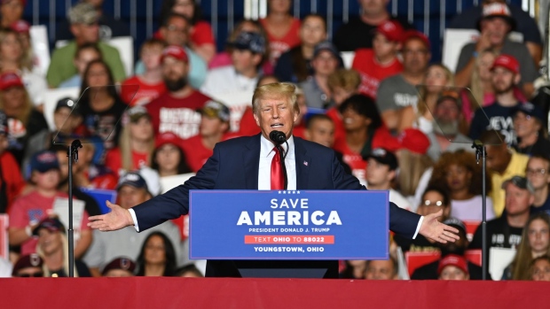 Former US President Donald Trump speaks to supporters during a rally in Youngstown, Ohio, US, on Saturday, Sept. 17, 2022. The 2022 election season kicked off with Republicans poised to take control of at least the House thanks to voter outrage over high prices.