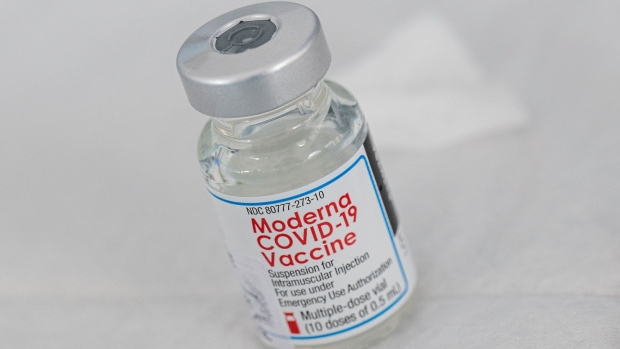 A vial of the Moderna Covid-19 vaccine at a walk up vaccination site in San Francisco, California, U.S., on Wednesday, Feb. 3, 2021. San Francisco opened its first neighborhood coronavirus vaccination site in the Mission District on Monday, with plans to open a second in the Bayview in the coming days, reported the San Francisco Chronicle.