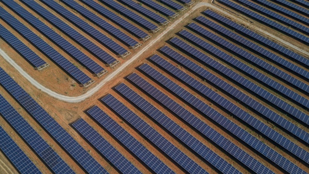Photovoltaic panels at a solar farm in Pavagada, Karnataka, India, on Thursday, Feb. 24, 2022. India plans to expand its solar capacity to 280 gigawatts by the end of this decade from about 51 gigawatts now, but its manufacturing capacity can only currently meet around half of that requirement.
