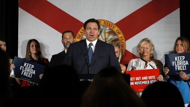 Ron DeSantis, governor of Florida, speaks during a 'Keep Florida Free' rally in Hialeah, Florida, US, on Tuesday, Aug. 23, 2022. DeSantis, running unopposed in Tuesdays primary as he goes for a second term, has amassed $142 million from the start of 2021 through August 5 this year from donors including the hedge fund billionaires Ken Griffin and Paul Tudor Jones. Photographer: Eva Marie Uzcategui/Bloomberg