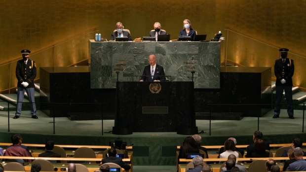 US President Joe Biden speaks during the United Nations General Assembly (UNGA) in New York, US, on Wednesday, Sept. 21, 2022. Biden condemned Russian President Vladimir Putin's invasion as a violation of the principles underpinning the United Nations and called on the world to maintain support of Ukraine. Photographer: Jeenah Moon/Bloomberg