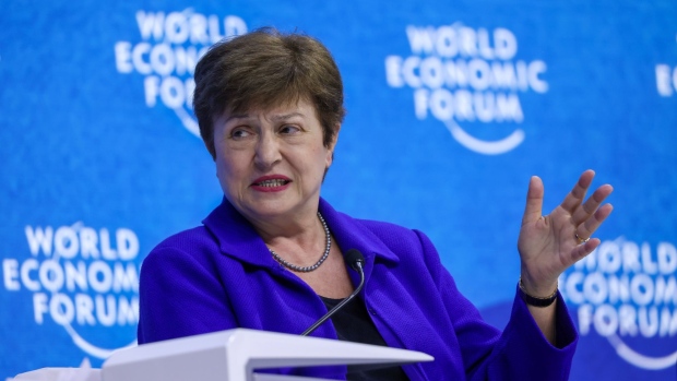 Kristalina Georgieva, managing director of the International Monetary Fund (IMF), speaks during a panel session on the opening day of the World Economic Forum (WEF) in Davos, Switzerland, on Monday, May 23, 2022. The annual Davos gathering of political leaders, top executives and celebrities runs from May 22 to 26. Photographer: Hollie Adams/Bloomberg