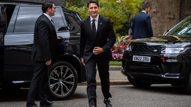 Justin Trudeau, Prime Minister of Canada, arrives for a meeting with Liz Truss, UK prime minister, at 10 Downing Street in London, UK, on Sunday, Sept. 18, 2022. Truss will also meet a number of other leaders ahead of the state funeral of Queen Elizabeth II in Westminster Abbey on Monday.
