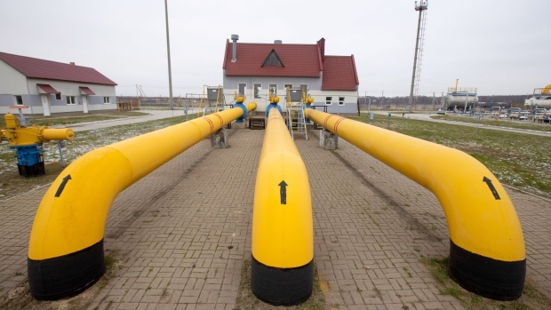 Pipework showing flow direction at the Kasimovskoye underground gas storage facility, operated by Gazprom PJSC, in Kasimov, Russia, on Wednesday, Nov. 17, 2021. Russia signaled it has little appetite for increasing the natural gas it transits through other territories to Europe as the winter heating season gets underway.