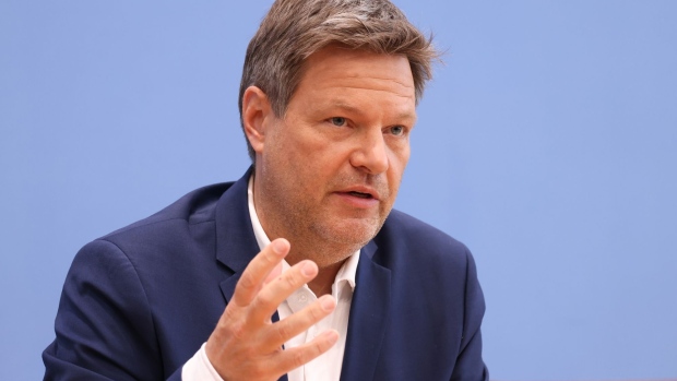 Robert Habeck, Germany's economy and climate minister, speaks during a news conference in Berlin, Germany, on Wednesday, April 6, 2022. Habeck said it would be "a logical step" to back up the political decision to reduce Russian coal dependency by including a Russian coal import embargo in a European Union sanctions package "at some point".
