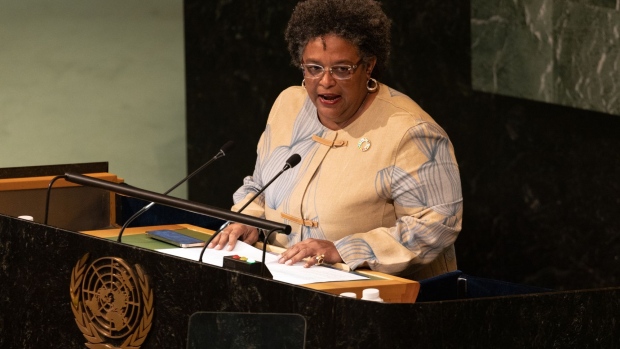 Mia Mottley, Barbados' prime minister, speaks during the United Nations General Assembly (UNGA) in New York, US, on Thursday, Sept. 22, 2022. The US and its allies got a new chance to cast Vladimir Putin as a pariah isolated on the global stage with this weeks gathering of world leaders in New York, even as the United Nations has failed to stop or even curb Russia's war in Ukraine.