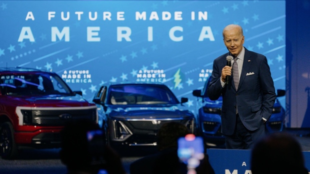US President Joe Biden during the 2022 North American International Auto Show (NAIAS) in Detroit, Michigan, US, on Wednesday, Sept. 14, 2022. Biden toured the show on its preview day, and in remarks later plans to highlight electric-vehicle offerings that he's hailed as a breakthrough for the US auto sector.