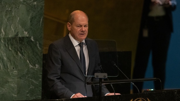 Olaf Scholz, Germany's chancellor, speaks during the United Nations General Assembly (UNGA) in New York, US, on Tuesday, Sept. 20, 2022. US President Biden, UK Prime Minister Truss and New Zealand Prime Minister Ardern are among the heads of state attending this year after Covid-19 moved the gathering online in 2020 and limited the in-person event in 2021.