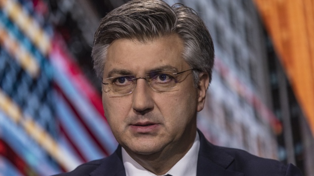 Andrej Plenkovic, Croatia's prime minister, speaks during a Bloomberg Television interview in New York, US, on Friday, Sept. 23, 2022. The European Union Has a clear will to extend sanctions against Russia, Plenkovic said.