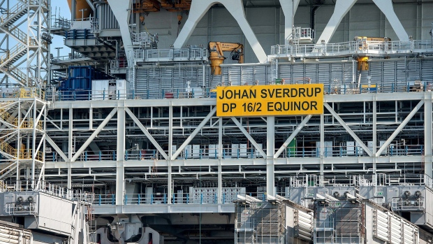 An oil drilling platform sits on board the world's largest construction vessel, the Pioneering Spirit, in the Bomla fjord near Leirvik, ahead of its transportation to the Johan Sverdrup oil field, Norway, on Friday, June 1, 2018. Equinor ASA has reduced the break-even price to below $20 a barrel in its flagship Johan Sverdrup oil project in the North Sea.