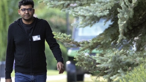 Parag Agrawal, CEO of Twitter, walks to a morning session during the Allen & Company Sun Valley Conference on July 06, 2022 in Sun Valley, Idaho. Photographer: Kevin Dietsch/Getty Images