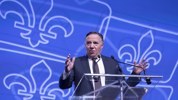Francois Legault, Quebec's premier, speaks during a summit hosted by Quebec’s association of municipal governments in Montreal, Quebec, Canada, on Friday, Sept. 16, 2022. Quebec's major party leaders are back on the campaign trail today after last night's leaders' debate, The Canadian Press reports.